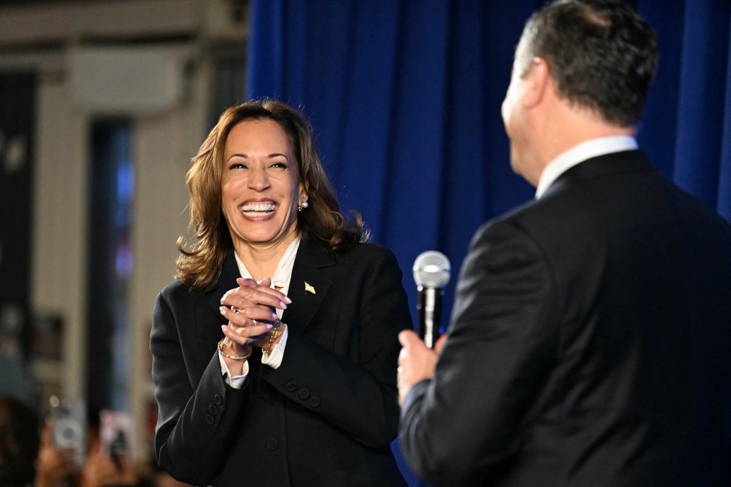 Kamala Harris and US Second Gentleman Douglas Emhoff attend a watch party after a presidential debate with former US President and Republican presidential candidate Donald Trump at the Cherry Street Pier in Philadelphia, Pennsylvania, on September 10, 2024.