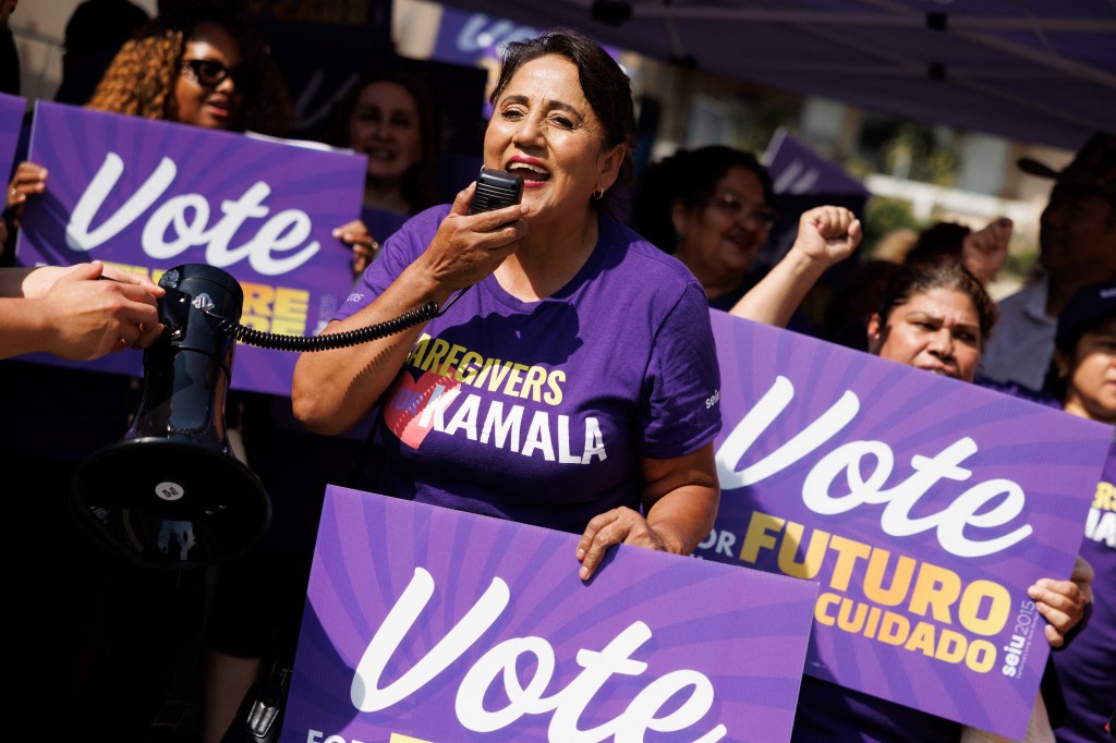 SEIU Local 2015 members rallying in support of Kamala Harris in Los Angeles, preparing to board buses for Las Vegas canvassing