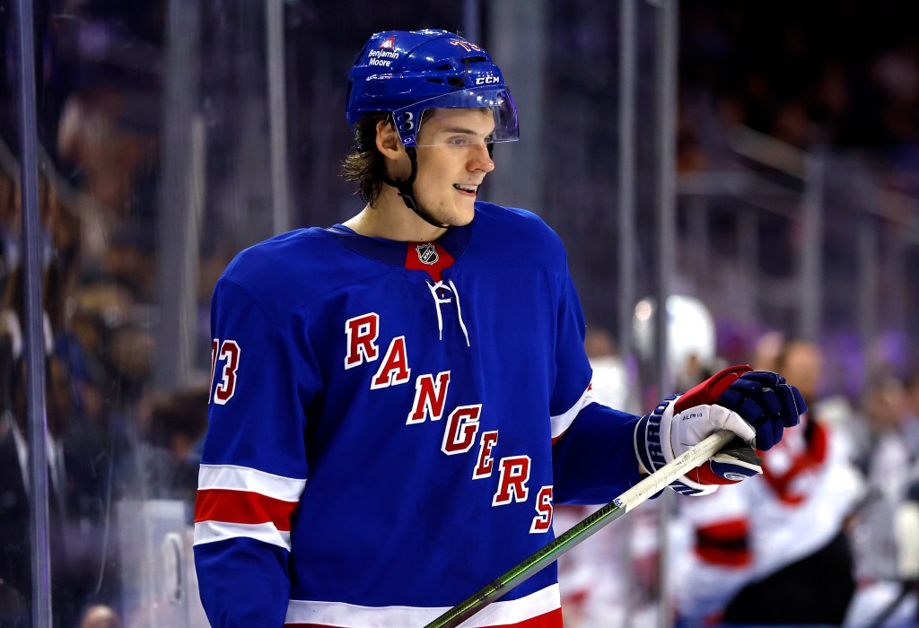 New York Rangers center Matt Rempe (73) during the third period of a NHL hockey game against the New Jersey Devils , Tuesday, Oct. 1, 2024 in New York. 