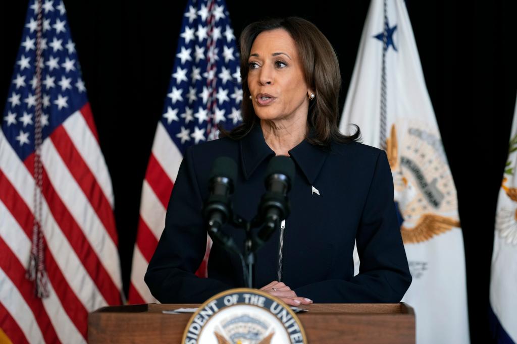 Democratic presidential nominee Vice President Kamala Harris speaks to members of the media, Tuesday Oct. 1, 2024, in Washington.