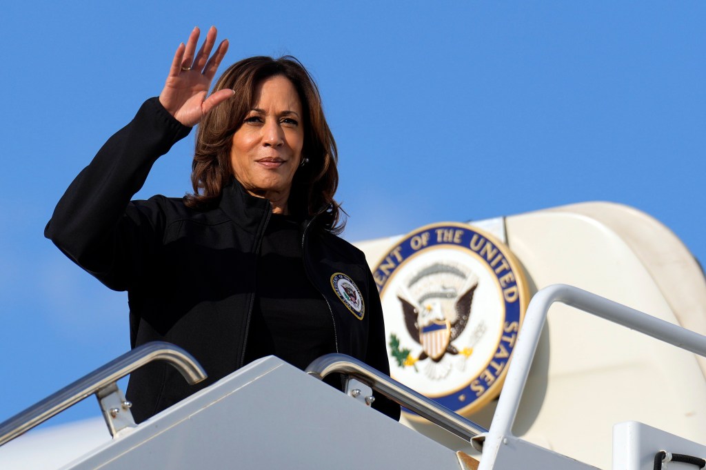 Vice President Kamala Harris boarding Air Force Two at Augusta Regional Airport in 2024, after visiting the area impacted by Hurricane Helene.