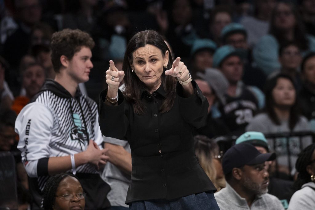 Sandy Brondello, Head Coach of the New York Liberty, reacting during Game 5 of the 2024 WNBA Finals against the Minnesota Lynx at Barclays Center