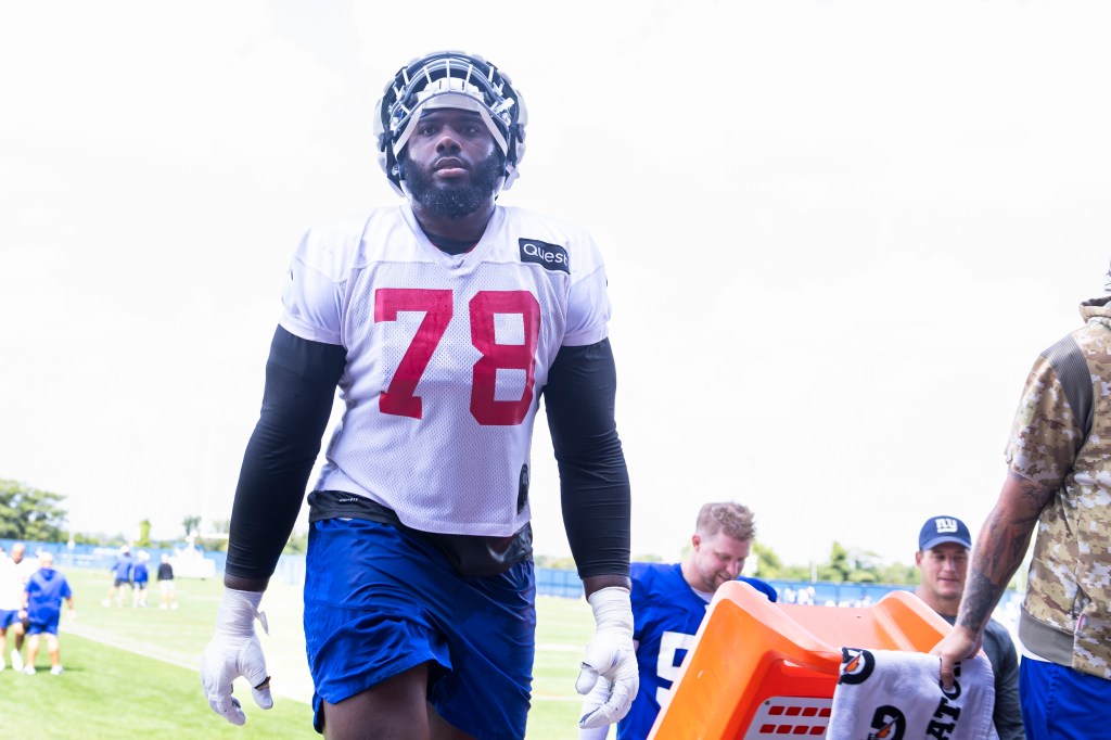 New York Giants offensive tackle Andrew Thomas (78) walks off the field after practice at Quest Diagnostics Center, Tuesday, Aug. 27, 2024, in East Rutherford, New Jersey. 