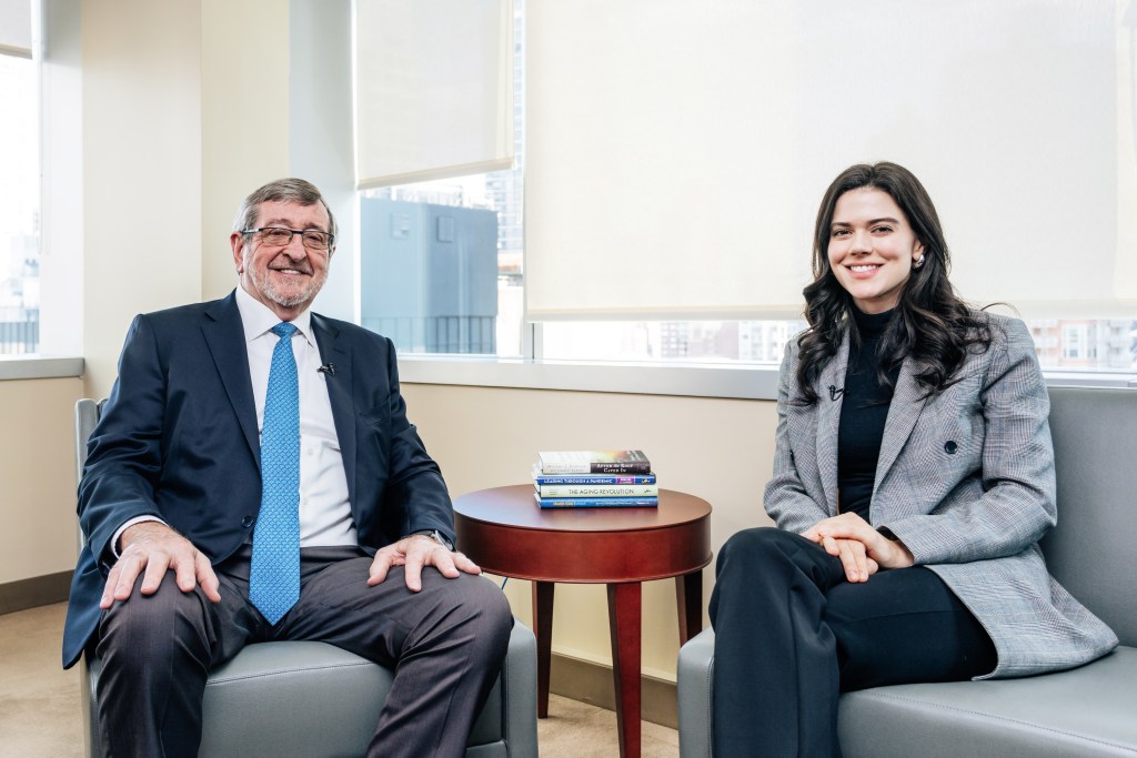 Michael Dowling and Lydia Moynihan sitting in chairs at Northwell's Corporate Headquarters in Manhattan, photographed on October 9, 2024