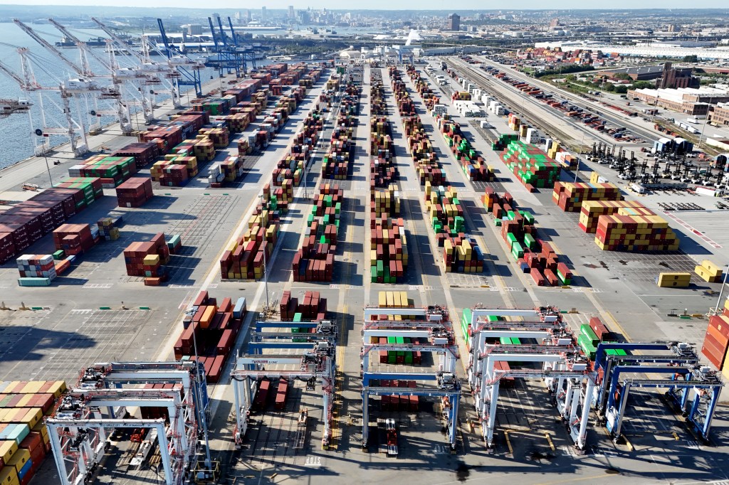 An aerial view of the Dundalk Marine Terminal October 03, 2024 in Baltimore, Maryland. 