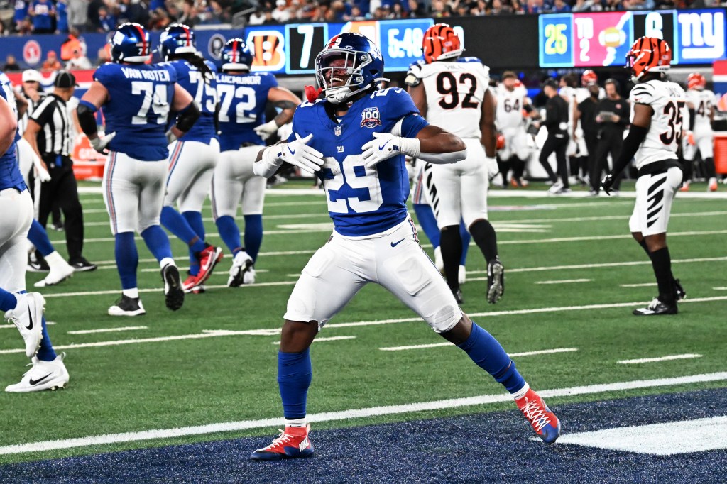 Tyrone Tracy celebrates during the Giants' loss to the Bengals on Oct. 13, 2024. 