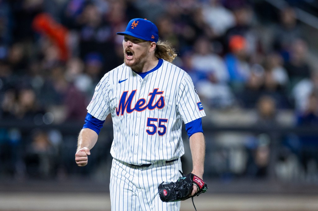 Ryne Stanek #55 of the New York Mets celebrating after ending the 7th inning in a game against the Los Angeles Dodgers at Citi Field, New York.