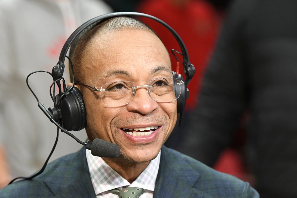 Fox announcer Gus Johnson on the air before a college basketball game between Seton Hall Pirates and the Maryland Terrapins at the XFinity Center on December 22, 2018 in College Park, Maryland