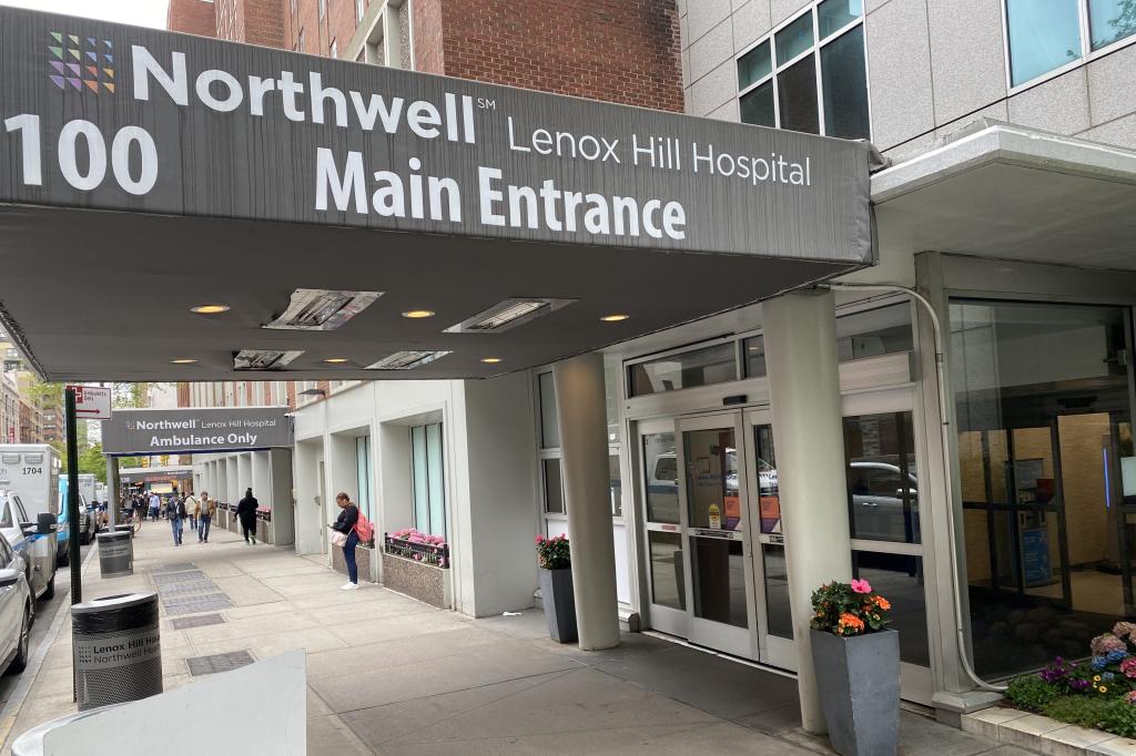 Main entrance of Northwell Health Lenox Hill Hospital in Manhattan, New York with a sign on the building