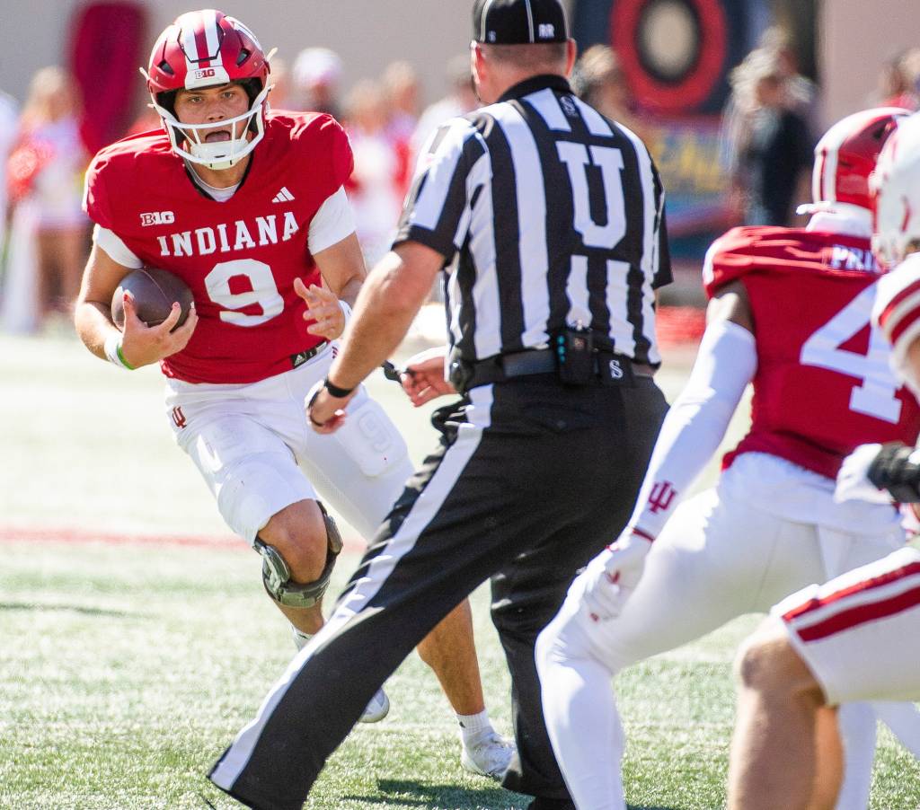 Indiana's Kurtis Rourke (9) runs during the Indiana versus Nebraska football game at Memorial Stadium on Saturday, Oct. 19, 2024.