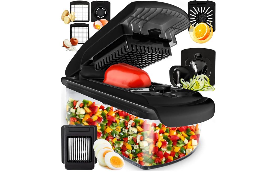 A fullstar veggie chopper with vegetables inside.