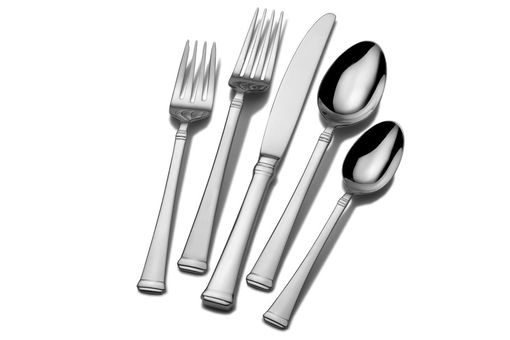 A flatware set made of stainless steel.