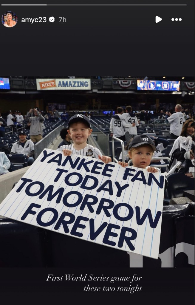 Amy Cole posted an adorable photo of her sons with husband Gerrit Cole at Game 4 of the World Series.