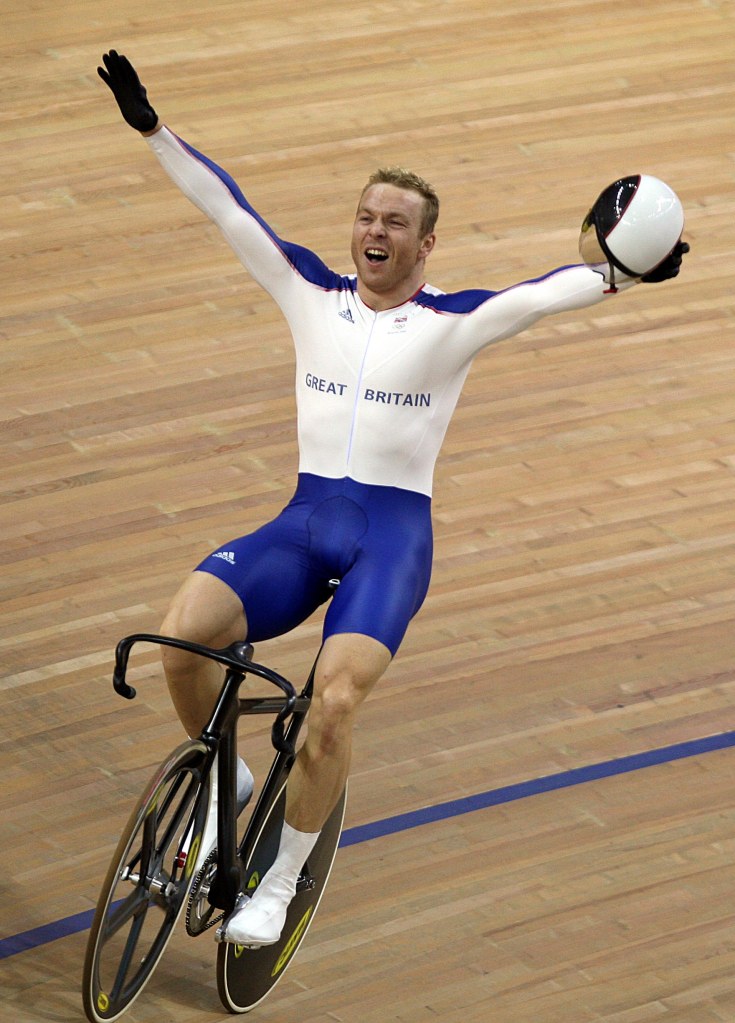 Chris Hoy, a six-time Olympic gold medalist, celebrates winning Gold in the individual sprint during the Beijing Olympics on Aug. 19, 2008.