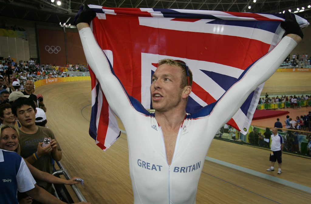 Hoy celebrates victory in the Men's Sprint Finals at the Laoshan Velodrome in Beijing on Aug. 19, 2008.