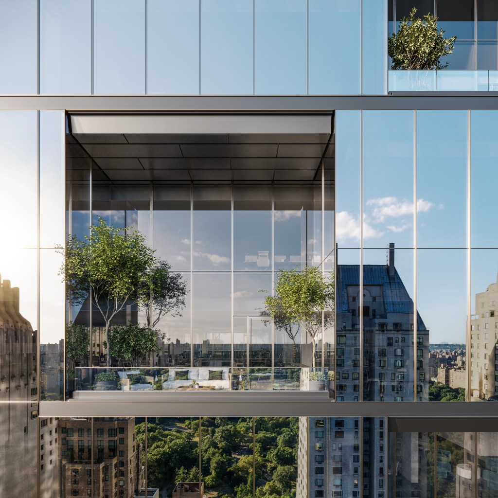 Renderings of a glass building located at 125 W. 57th St with trees inside it