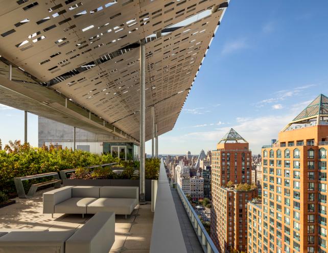 A rooftop patio overlooking the city, representing NYC's elite luxury office towers.