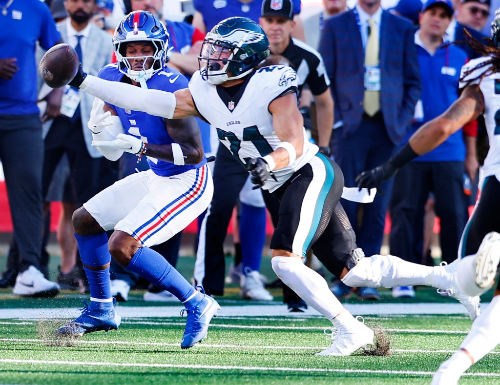 Giants wide receiver Malik Nabers (1) walks off the field after the Philadelphia Eagles 28-3 win over the Giants in East Rutherford, N.J. on Oct. 20. 