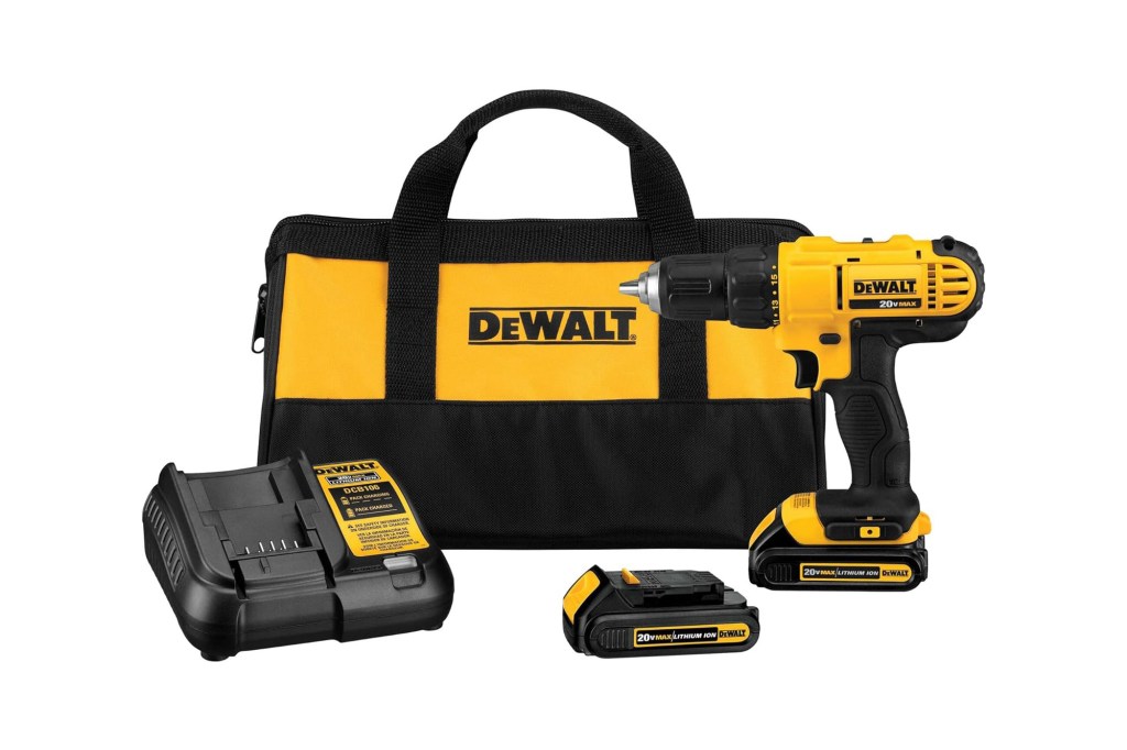 Yellow and black DeWalt tool bag with a drill and battery