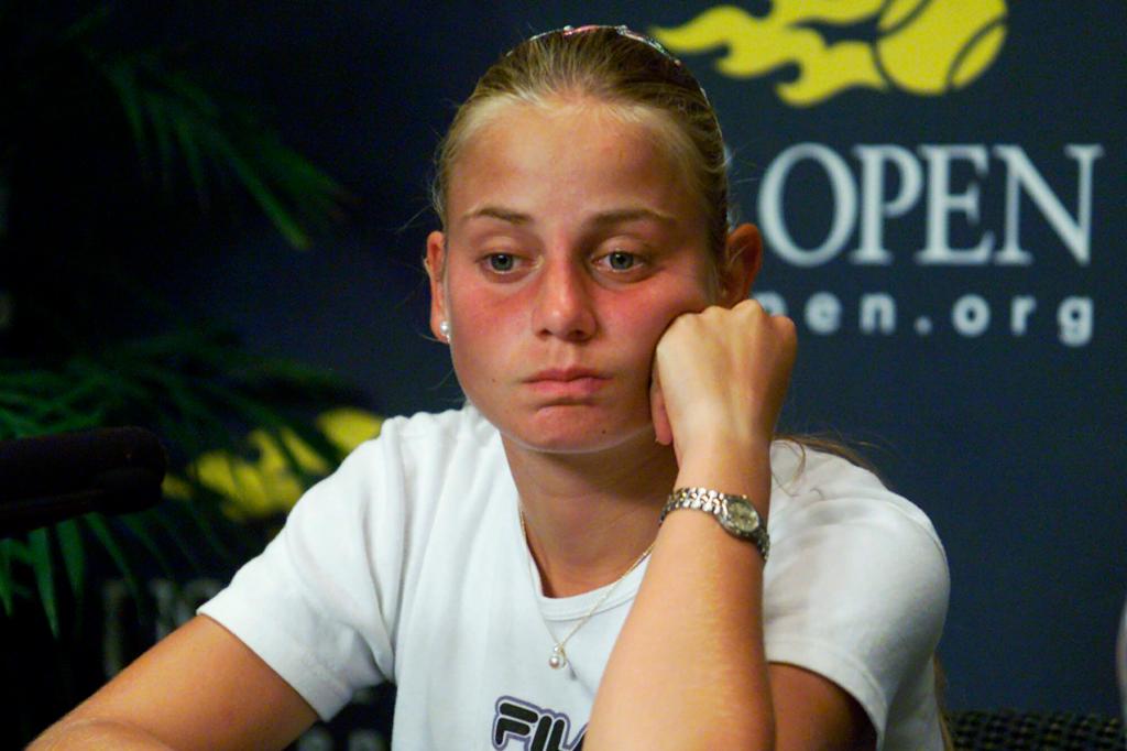 Jelena Dokic showing distress at a press conference during the 2000 US Open.