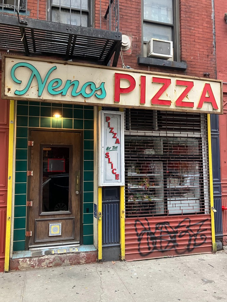 An East Village storefront dressed as Neno's Pizza for the movie "Caught Stealing." 