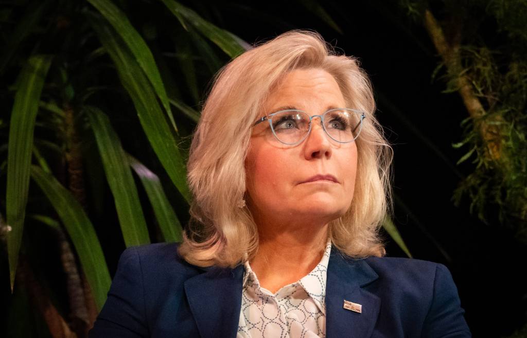 Former Rep. Liz Cheney in a suit, addressing the audience at the Texas Tribune Festival