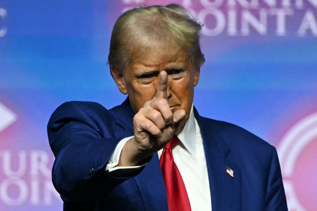 Donald Trump gestures onstage in Las Vegas on Thursday.