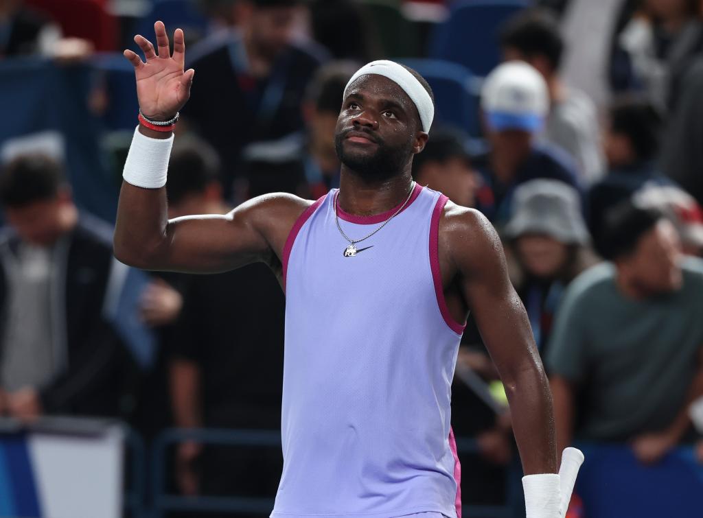 Frances Tiafoe of the United States celebrates after the Men's singles 2nd Round match against Yi Zhou of China on Day 8 of 2024 Shanghai Rolex Masters at Qi Zhong Tennis Centre on October 07, 2024 in Shanghai, China. 