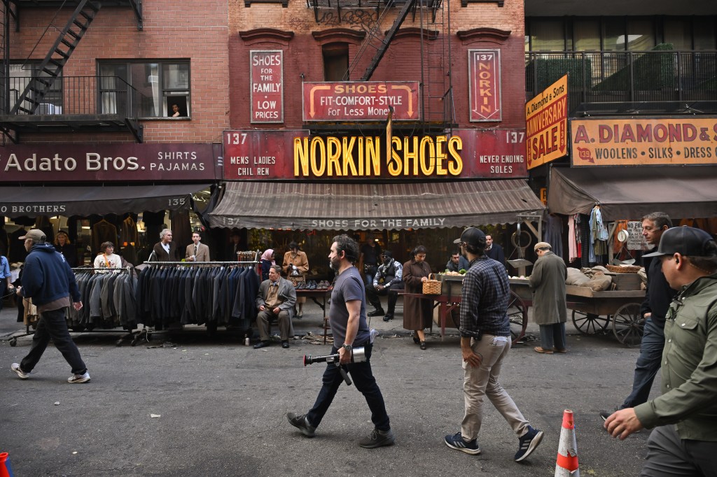 Lower East Side storefronts dressed for the "Marty Supreme" shoot.