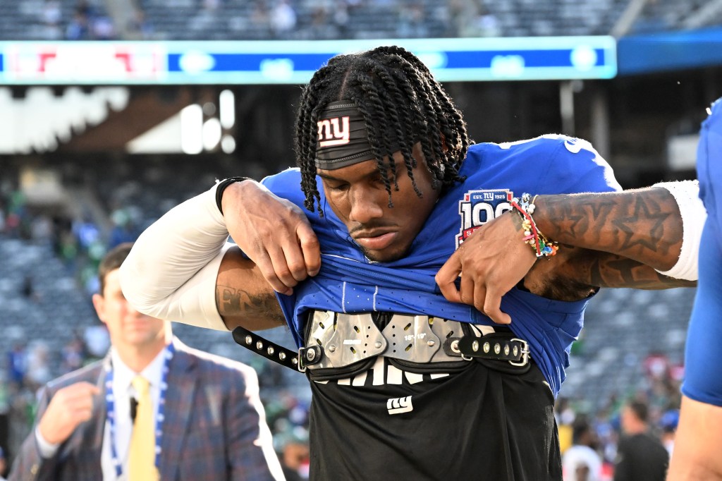 Giants wide receiver Malik Nabers (1) walks off the field after the Philadelphia Eagles 28-3 win over the Giants in East Rutherford, N.J. on Oct. 20. 