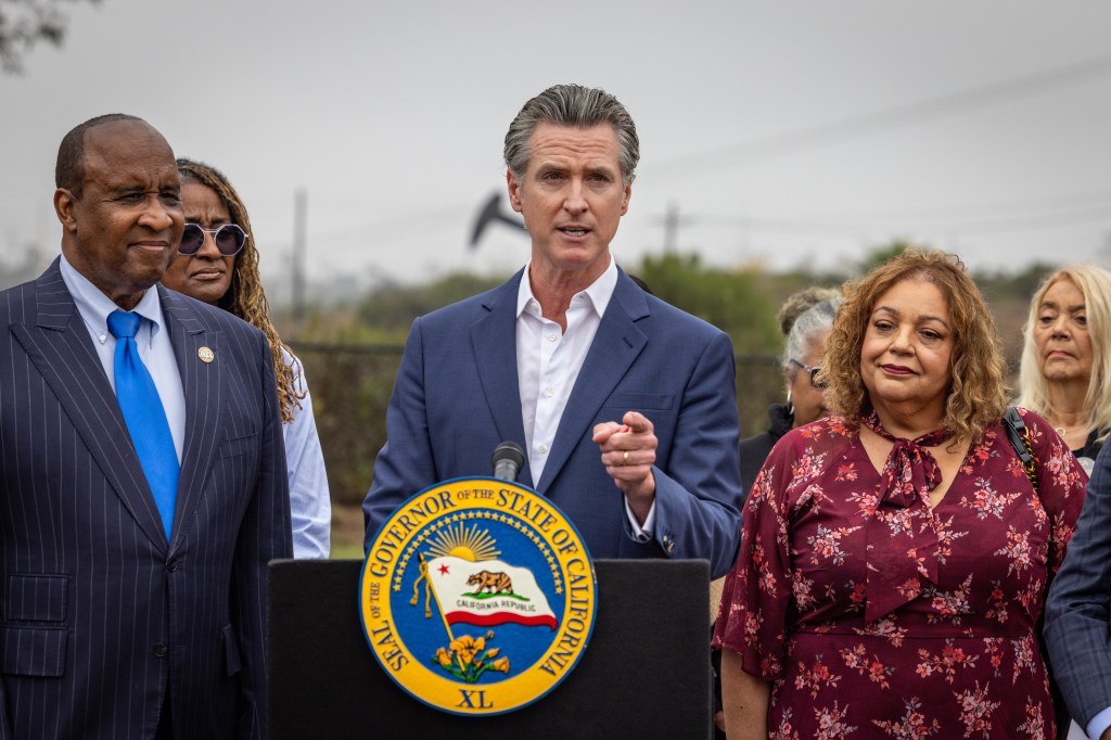 Gov. Gavin Newsom speaks at a press conference where he signs legislation related to oversight of oil and gas wells, and community protections on Wednesday, Sept. 25, 2024 in Los Angeles