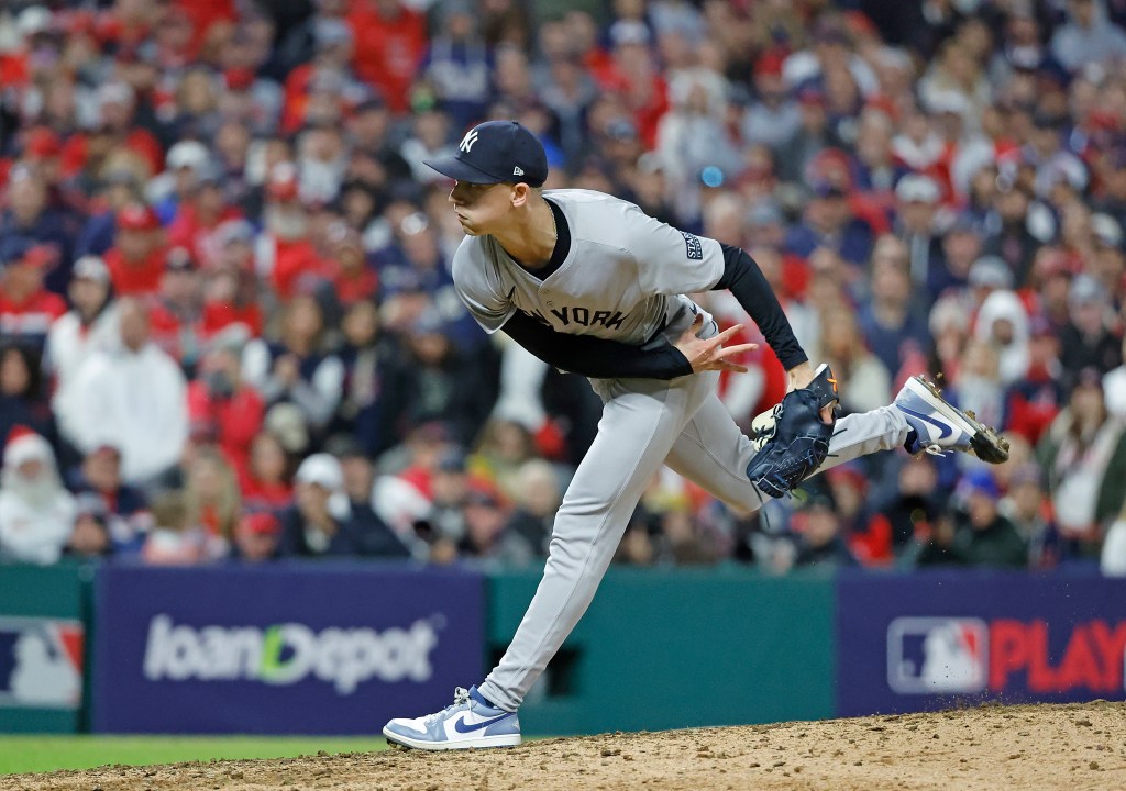 Luke Weaver #30 of the New York Yankees throws a pitch during the ALCS.