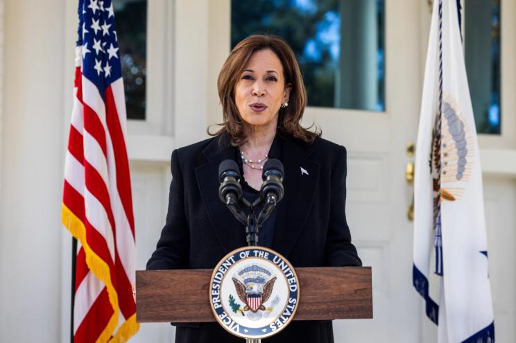 Vice President Kamala Harris speaking at the Naval Observatory on Oct. 23, 2024.