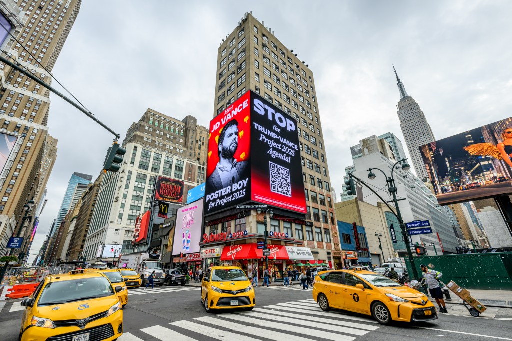 Stop the Trump-Vance Project 2025 Agenda" billboard on 34th street outside Penn Station in Manhattan, New York City, on October 01, 2024.