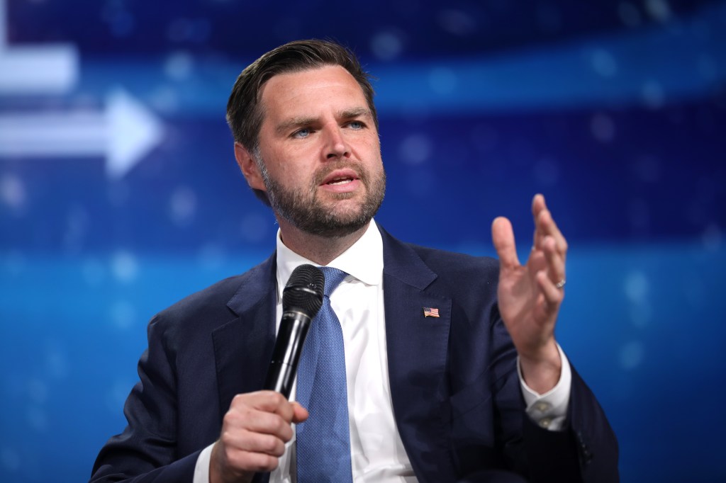 Republican Vice Presidential nominee and U.S. Senator JD Vance speaks at a Chase the Vote rally at Generations Church in Mesa, Arizona.