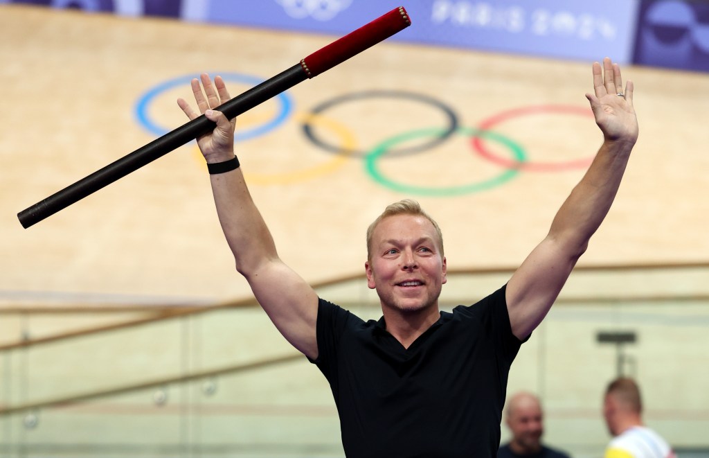 Hoy performs teh Coup de Baton ceremony before the Men's Sprint Finals at Saint-Quentin-en-Yvelines Velodrome during the 2024 Paris Olympics on Aug. 9, 2024. 