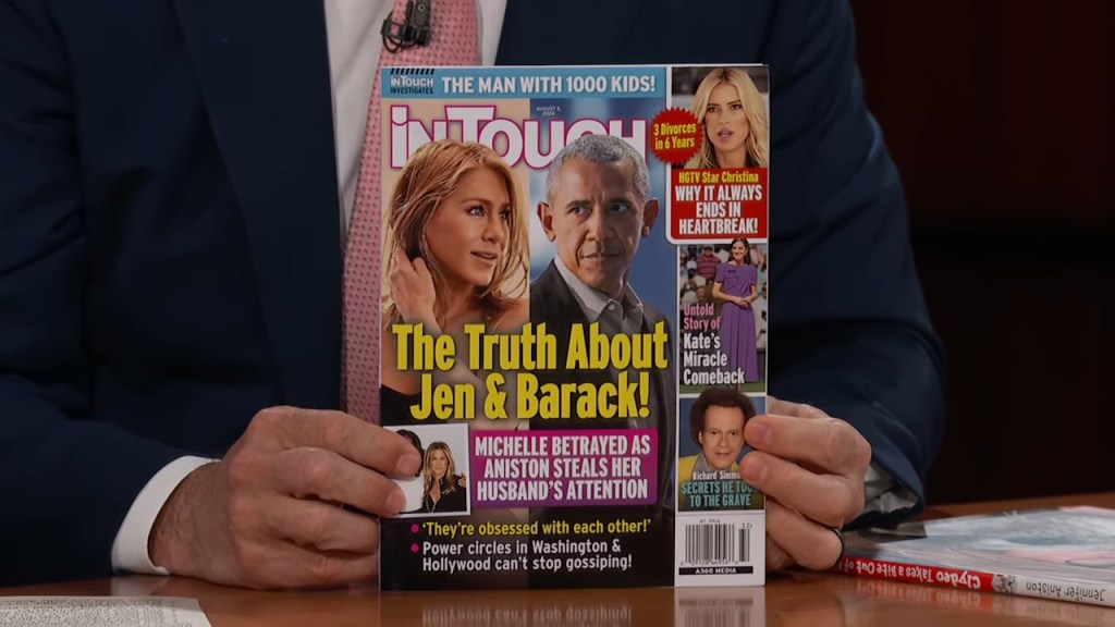 Jennifer Aniston on Jimmy Kimmel Live playing true-or-false game about wild rumors, with Barack Obama and Richard Simmons pictured on a magazine cover.