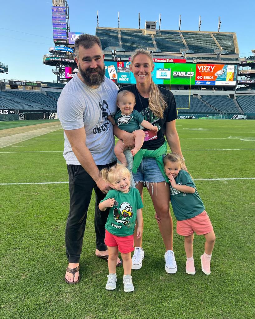 Jason Kelce and his wife Kylie Kelce with their three daughters,  Wyatt Elizabeth, Elliotte Ray and Bennett Llewellyn.