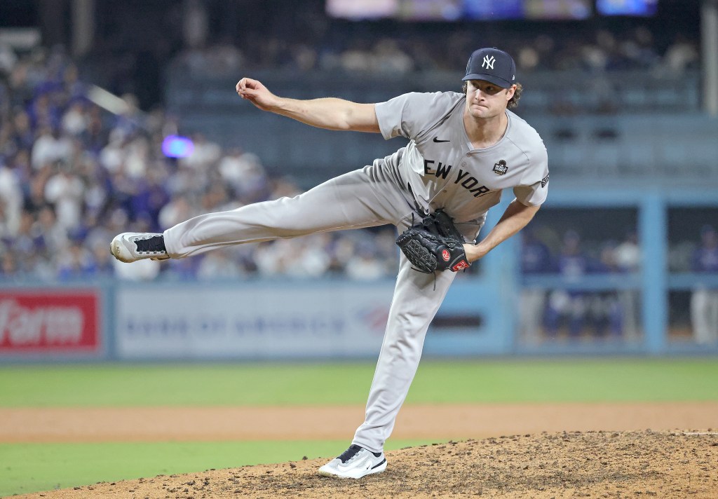 Gerrit Cole throws a pitch against the Dodgers in Game 1 of the World Series on Oct. 25, 2024.