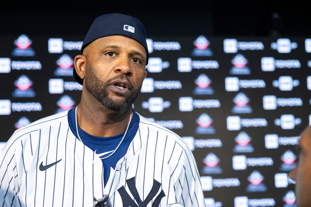 Yankees great CC Sabathia addresses the media during Old Timer's Day.