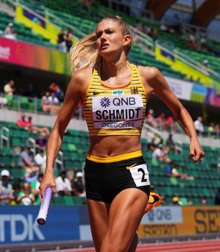 Germany's Alica Schmidt in action during the mixed 4x400m relay heat at the World Athletics Championships in Hayward Field, Eugene, Oregon on July 15, 2022. 