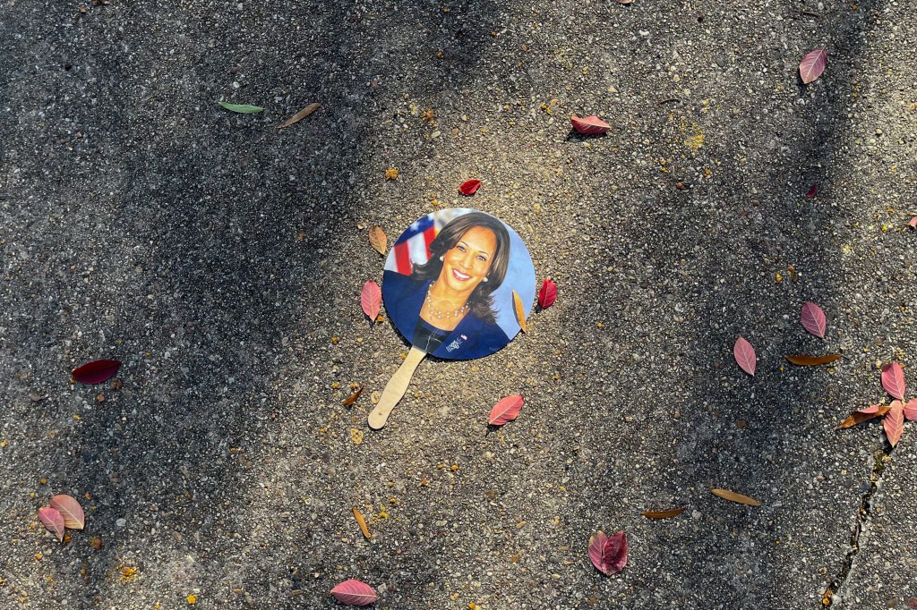 Hand fan featuring a depiction of Kamala Harris on a sidewalk in Washington, DC, following the 2024 US Presidential election.