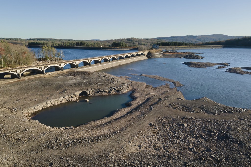 A arial view of the low water levels in the Ashokan reservoir, part of the large reservoir system in upstate New York that provides fresh water to New York City.