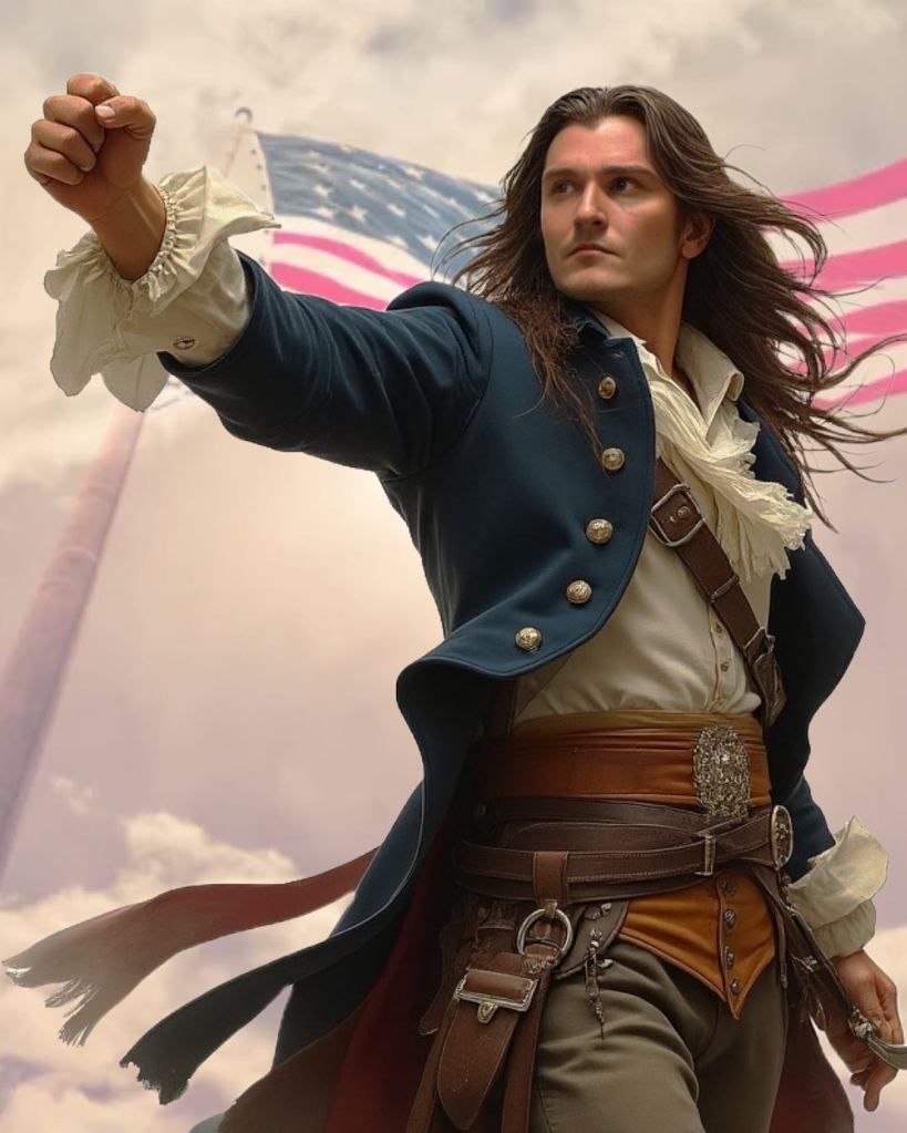 Ai-generated meme of Scott Presler with colonial garb and American flag behind him