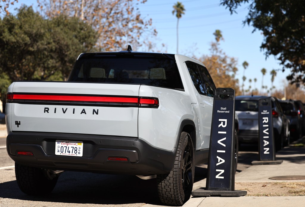 A Rivian R1T electric pickup truck parked at the Venice Hub in California