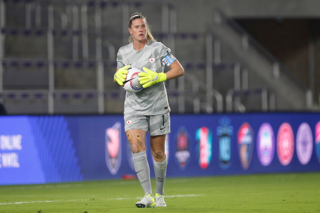 Chicago Stars goalkeeper Alyssa Naeher (1) plays the ball in the first half against the Orlando Pride in a 2024 NWSL Playoffs quarterfinal match at Inter&Co Stadium.