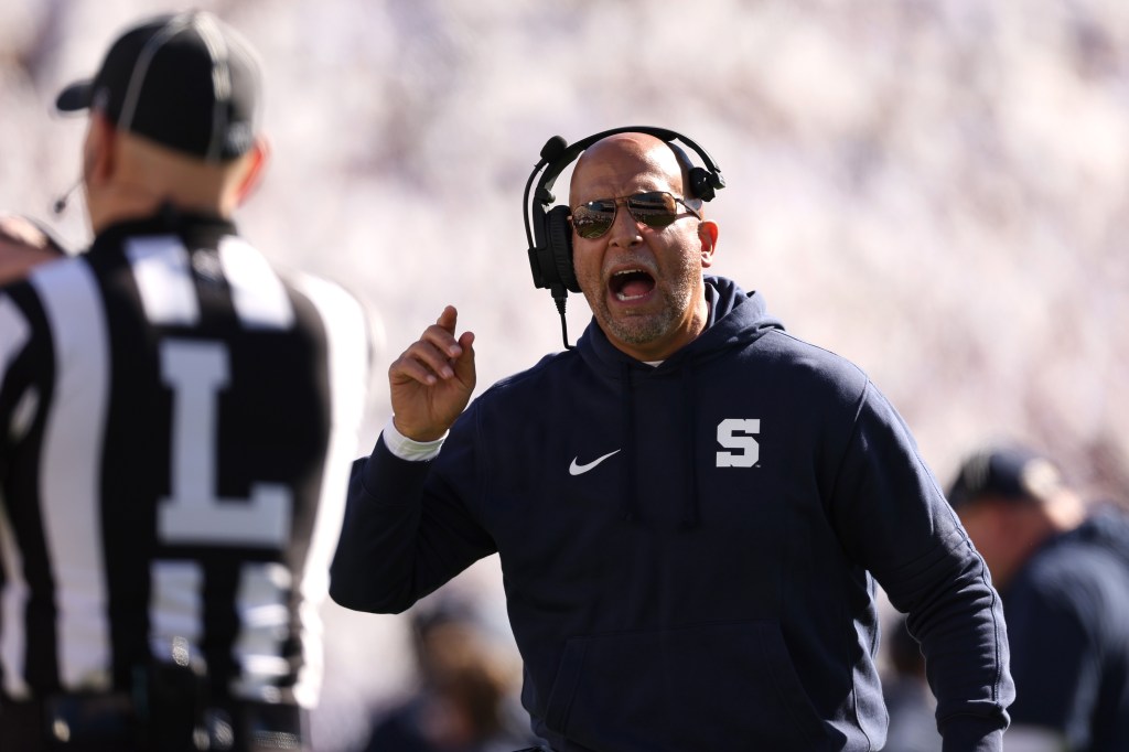 Head coach James Franklin of the Penn State Nittany Lions reacts during the second quarter against the Ohio State Buckeyes at Beaver Stadium on November 02, 2024 in State College, Pennsylvania.