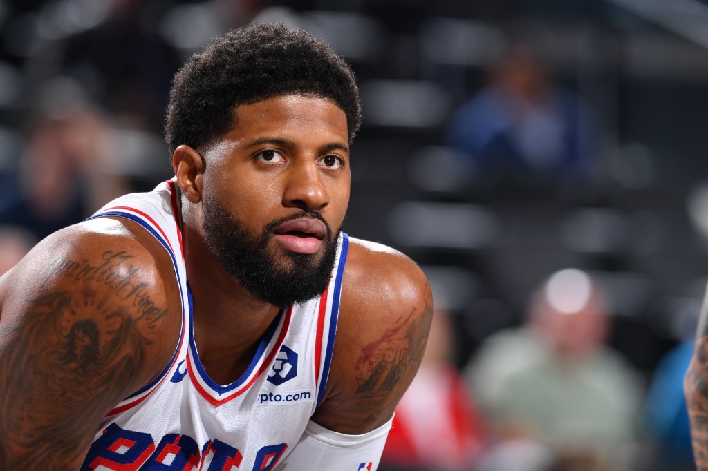 Paul George #8 of the Philadelphia 76ers looks on during the game against the LA Clippers on November 6, 2024 at Intuit Dome in Los Angeles, California.