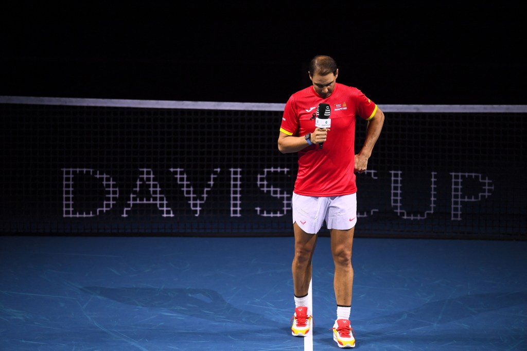 Spain's Rafael Nadal talks during a tribute to his career at the end of the quarter-final doubles match between Netherlands and Spain during the Davis Cup Finals at the Palacio de Deportes Jose Maria Martin Carpena arena in Malaga, southern Spain, on November 19, 2024. Superstar Rafael Nadal's glittering career in professional tennis came to an end on November 19, 2024 as Netherlands eliminated Spain in the Davis Cup quarterfinals.