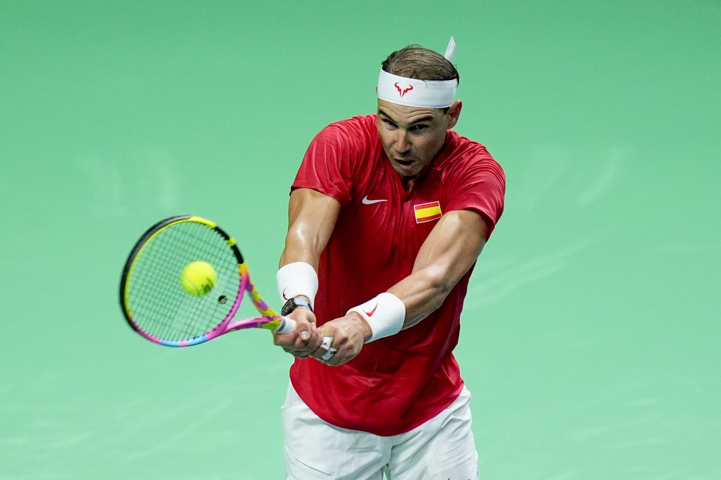 Rafael Nadal of Team Spain plays a backhand in his singles match against Botic van de Zandschulp of Team Netherlands in the quarterfinal tie between Netherlands and Spain during the Davis Cup Finals at Palacio de Deportes Jose Maria Martin Carpena on November 19, 2024 in Malaga, Spain. 